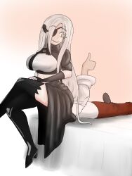 Rule 34 | absurdres, alchemist (girls&#039; frontline), bed, black boots, black gloves, black skirt, boots, catahuct, commander (girls&#039; frontline), crossed legs, eyepatch, fingerless gloves, girls&#039; frontline, gloves, hair ornament, highres, on bed, pants, red pants, shirt, shoes, simple background, sitting, sitting on face, sitting on person, skirt, smile, thigh boots, thumbs up, turtleneck, turtleneck shirt, white hair, white shirt, yellow eyes