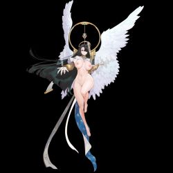 1girl angel_wings azazel_(last_origin) barefoot black_background blush bottomless breasts breasts_apart detached_collar feathered_wings feathers feet female_focus floating floating_hair flying full_body gauntlets green_hair hair_over_one_eye holding large_breasts last_origin legs long_hair looking_at_viewer magic navel nipples no_panties parted_bangs parted_lips pelvic_curtain pink_eyes pussy simple_background solo thighs third-party_edit toes uncensored wing wings