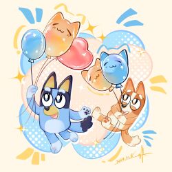 2024 2girls :3 :d aichihagendasidelaonianren animal_balloon balloon bingo_heeler bluey bluey_heeler full_body furry furry_female highres holding holding_balloon multiple_girls open_mouth signature smile sparkling_eyes