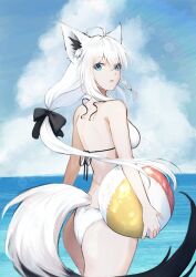 1girl :o absurdres ahoge alternate_costume animal_ear_fluff animal_ears back ball beachball bikini black_bow bow braid breasts cloud cloudy_sky fox_ears fox_girl fox_tail green_eyes hair_bow highres holding holding_ball holding_beachball hololive long_hair looking_at_viewer looking_back medium_breasts open_mouth outdoors shirakami_fubuki side_braid sky solo swimsuit tail unknown_(riseillustrator) virtual_youtuber white_bikini white_hair