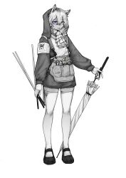 1girl absurdres animal_ears arknights armband ascot chinese_commentary commentary_request full_body garter_straps greyscale hair_between_eyes highres holding holding_umbrella hood hood_up hooded_jacket jacket long_sleeves looking_at_viewer mary_janes monochrome object_in_pocket official_alternate_costume pocket purple_eyes scissors shoes short_hair solo spot_color standing thighhighs tuye_(arknights) tuye_(cultivate_vegetation)_(arknights) umbrella xingyun_mantle