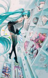 1girl apple aqua_eyes aqua_hair aqua_necktie arms_behind_back bare_shoulders black_footwear black_skirt black_sleeves blue_trim boots branch bug butterfly butterfly_wings card cd cherry_blossoms chromatic_aberration closed_mouth closet clown_mask collared_shirt crescent crown detached_sleeves drawer fast_forward_button floating flower folded_clothes food from_side fruit full_body grey_shirt hair_ornament hat hatsune_miku hatsune_miku_no_shoushitsu_(vocaloid) headphones headset highres inochi_ni_kirawarete_iru._(vocaloid) insect insect_wings karakuri_pierrot_(vocaloid) koi_wa_sensou_(vocaloid) lace_trim long_hair long_sleeves looking_at_viewer looking_to_the_side lyrics magnet_(vocaloid) mask microphone necktie paper petals pink_hat pink_shoes play_button playing_card pleated_skirt rabbit rewind_button rolling_girl_(vocaloid) romeo_to_cinderella_(vocaloid) rose rumoon senbonzakura_(vocaloid) shelf shirt shoes skirt sleeveless sleeveless_shirt smile solo staff supercell_(band) thigh_boots thighhighs timestamp twintails unhappy_refrain_(vocaloid) very_long_hair vocaloid wand white_flower white_rose wings world_is_mine_(vocaloid) wowaka zettai_ryouiki
