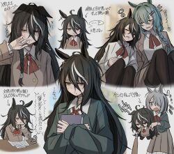 2girls absurdres animal_ears black_hair black_pantyhose book braid brown_skirt brown_sweater closed_eyes closed_mouth green_eyes green_jacket grey_hair hair_between_eyes hair_over_one_eye heterochromia highres holding holding_book jacket leogust long_hair looking_at_viewer multiple_girls original pantyhose red_eyes red_ribbon ribbon shirt short_hair sidelocks single_braid skirt sweater white_shirt yellow_eyes