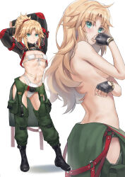 1girl arms_up belly_chain bikini black_gloves blonde_hair blush boots braid breasts cropped_jacket eyepatch_bikini fate/apocrypha fate_(series) fingerless_gloves full_body gloves green_eyes green_pants hair_ornament hair_scrunchie half_up_braid highres jewelry long_hair long_sleeves looking_at_viewer mordred_(fate) mordred_(fate/apocrypha) multiple_views navel pants parted_bangs ponytail red_scrunchie scrunchie shrug_(clothing) sidelocks small_breasts smile swimsuit tonee topless_female variant_set white_bikini