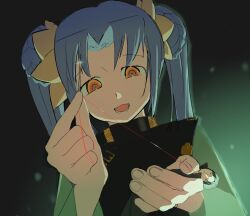 Rule 34 | 1boy, 1girl, allyouneedisuwu, black coat, black hair, black vest, blue hair, chinese clothes, coat, curtained hair, double bun, gradient background, green background, hair bun, highres, holding, holding string, in palm, kikokugai, kong ruili, kong taoluo, long hair, long sleeves, looking at another, mini person, miniboy, open mouth, orange eyes, ringed eyes, sewing, smile, string, string around finger, string of fate, twintails, unconscious, vest
