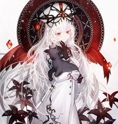1girl animal black_flower black_gloves closed_mouth colored_eyelashes commentary_request dress flower gloves goat grey_background hair_between_eyes highres juexing_(moemoe3345) long_hair long_sleeves looking_at_viewer original red_wings simple_background sleeves_past_wrists smile solo very_long_hair white_dress white_hair wings