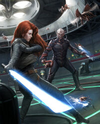 Rule 34 | 1boy, 1girl, alien, black gloves, black jacket, black pants, black shoes, blue lightsaber, bug, darren tan, energy sword, gloves, grey vest, highres, holding, holding sword, holding weapon, jacket, lightsaber, long hair, mara jade, open clothes, open vest, orange hair, pants, shoes, spacecraft interior, star wars, sword, vest, weapon, yuuzhan vong