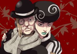 1boy 1other afro akefu_satoru aqua_lips aqua_nails black_hair black_hat black_shoes bowler_hat commentary english_commentary floral_background grey_eyes grey_hair grey_scarf grey_sleeves hat highres jojo_no_kimyou_na_bouken jojolion kristallion looking_at_viewer makeup male_focus monocle nail_polish old red_background scarf shoes stand_(jojo) tooru_(jojolion) transformation wonder_of_u