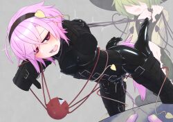 Rule 34 | 2girls, anal beads, anal tail, bags under eyes, bdsm, black bodysuit, bodysuit, bound, bound arms, bound legs, breasts, butt plug, corset, covered erect nipples, fake tail, green hair, hat, highres, human dog, komeiji koishi, komeiji satori, latex, latex bodysuit, lock, menou 74, multiple girls, open mouth, padlock, pet play, pink eyes, pink hair, sex toy, shiny clothes, short hair, skin tight, small breasts, tail, third eye, touhou, vibrator