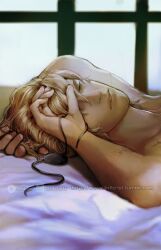 Rule 34 | 1boy, arm behind head, arm up, blonde hair, brilcrist, closed mouth, commentary, dimitri alexandre blaiddyd, dimitri alexandre blaiddyd (timeskip), english commentary, eyepatch, fire emblem, fire emblem: three houses, lying, male focus, messy hair, nintendo, no eyepatch, on back, on bed, one eye covered, scar, scar on arm, sleeping, solo, unworn eyepatch, watermark, web address, window