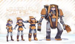 absurdres armor boots engineer_(factorio) factorio gloves highres hrusa mining_helmet open_mouth ponytail pouch power_armor purple_hair turtleneck welding_mask yellow_eyes