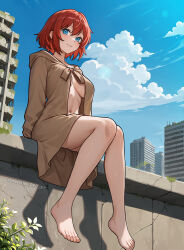 1girl abandoned barefoot blue_eyes blush breasts brown_cloak cityscape cloak closed_mouth from_below full_body hair_between_eyes large_breasts looking_at_viewer looking_down naked_cloak navel original red_hair redjet shadow short_hair sitting smile solo toes underboob watermark web_address