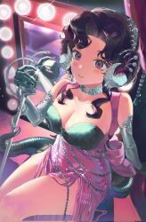 1girl anjo_nala arm_support bare_shoulders black_hair breasts choker cleavage cowboy_shot curled_horns demon_horns dress elbow_gloves from_above gloves green_tail grey_choker grey_gloves grey_horns guni_(9guniguni) hair_ornament highres holding holding_microphone horns indoors large_breasts lizard_tail long_hair looking_at_viewer low_horns marquee_lights microphone microphone_stand mirror parted_lips pelvic_curtain pink_dress purple_eyes reverse:1999 sitting sleeveless sleeveless_dress solo tail vintage_microphone