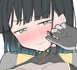 1girl averting_eyes blush bodysuit breasts closed_mouth commentary_request cosplay covered_collarbone embarrassed green_eyes grey_bodysuit hand_up highres large_breasts link!_like!_love_live! liz_(piyoko_piyop) love_live! momose_ginko nose_blush official_alternate_costume portrait simple_background solo unfinished v-shaped_eyebrows virtual_youtuber white_background