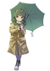 1girl absurdres bad_source bob_cut boots brown_eyes collared_shirt dress_shirt full_body green_hair green_umbrella grey_pantyhose highres kantai_collection lace-up_boots pantyhose polka_dot polka_dot_umbrella raincoat see-through_clothes see-through_raincoat shirt short_hair short_hair_with_long_locks sidelocks simple_background smile solo takanami_(kancolle) teruterubouzu umbrella wavy_hair white_background white_shirt yashin_(yasinz) yellow_raincoat