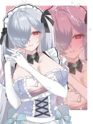 1girl alternate_costume black_bow black_bowtie blue_bow border bow bowtie breasts cinderella_(nikke) cleavage collarbone elbow_gloves enmaided gloves goddess_of_victory:_nikke hair_over_one_eye highres large_breasts looking_at_viewer maid official_alternate_costume outside_border own_hands_together sakael smile twintails upper_body white_border zoom_layer