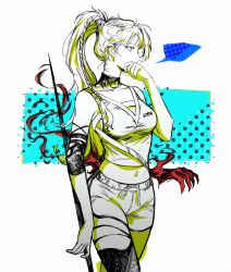 Rule 34 | 1girl, absurdres, alternate hairstyle, covering own mouth, dikke, dikke (reverse:1999), dikke (the pointy end up) (reverse:1999), elbow pads, highres, holding javelin, javelin (spear), long hair, mugugu, official alternate costume, ponytail, reverse:1999, shorts, single elbow pad, solo, sportswear, tank top, thighhighs