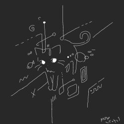 abstract animal_focus cat colo_(frypan_soul) dated fish full_body grey_background greyscale highres monochrome no_humans original signature solo standing