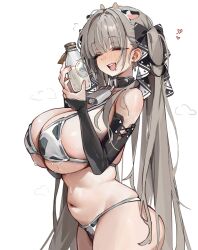 absurdres animal_ears animal_print azur_lane bare_shoulders bikini blush breasts closed_eyes commentary cow_ears cow_print cow_print_bikini fake_animal_ears formidable_(azur_lane) fungi542 grey_hair hair_ornament hair_ribbon hairband highres large_breasts long_hair navel open_mouth print_bikini ribbon simple_background smile stomach swimsuit symbol-only_commentary twintails underboob white_background
