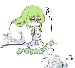 1other all_fours androgynous barefoot blowing enkidu_(fate) fate/strange_fake fate_(series) flying_sweatdrops green_eyes green_hair himeko_(nico6v6pachi) japan long_hair other_focus robe solo tornado translation_request white_robe