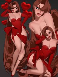Rule 34 | 1girl, absurdres, balloon, bow, breasts, brown hair, collarbone, commentary, elbow gloves, empty eyes, english commentary, gloves, grey background, hair over one eye, hand on own hip, heart, heart balloon, highres, krow07, leotard, lipstick, long hair, looking at viewer, makeup, multiple views, original, parted lips, red bow, red footwear, red gloves, red leotard, red lips, red ribbon, ribbon, simple background, sitting, smile, standing, strapless, strapless leotard, valentine, very long hair
