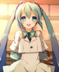 Rule 34 | 1girl, aqua eyes, aqua hair, aqua necktie, aqua shirt, arms behind back, blurry, blurry background, commentary, dress, female focus, food-themed hair ornament, hair ornament, hatsune miku, long hair, looking at viewer, necktie, open mouth, ryuuga sazanami, shirt, smile, solo, spring onion, spring onion hair ornament, sunset, twintails, upper body, very long hair, vocaloid, white dress, white uniform