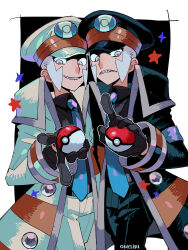 2boys absurdres artist_name black_background black_coat black_gloves black_hat black_pants blue_necktie border brothers brown_coat coat creatures_(company) emmet_(pokemon) frown game_freak gloves grey_eyes grey_hair hat highres holding holding_poke_ball ingo_(pokemon) male_focus multicolored_coat multiple_boys necktie nintendo onigiri_(ahku5522) outside_border pants poke_ball poke_ball_(basic) pokemon pokemon_bw sharp_teeth siblings smile star_(symbol) teeth two-tone_coat white_border white_coat white_hat white_pants