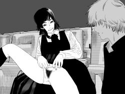 1boy 1girl chainsaw_man collared_shirt commentary_request denji_(chainsaw_man) dress female_pubic_hair fourth_east_high_school_uniform fujimoto_tatsuki_(style) gakuran greyscale grin highres long_sleeves mifune_fumiko monochrome nanami_toga panties panty_pull pinafore_dress pubic_hair pussy school_uniform shirt short_hair sleeveless sleeveless_dress smile sweatdrop theater_seating underwear