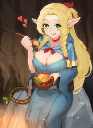 1girl :p absurdres blonde_hair blue_capelet blue_robe bowl braid breasts capelet choker cleavage commentary crumbs dungeon_meshi elf embers feet_out_of_frame food food_on_face green_eyes heart highres holding holding_bowl holding_spoon large_breasts long_hair looking_at_viewer manple0201 marcille_donato pointy_ears red_choker robe rock sitting solo spoon tongue tongue_out wooden_spoon