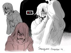 1girl 1other angry antlers argyle_clothes clenched_hand clenched_teeth constricted_pupils covering_another&#039;s_mouth deer_antlers deer_girl deltarune hand_on_own_chest heavy_breathing highres hood hood_down hoodie horns jomeimei kris_(deltarune) long_hair long_sleeves medium_hair messy_hair monochrome nervous_sweating noelle_holiday possessed scared sketch sleeveless sleeveless_sweater spoilers squiggle_eyes sweat sweater teeth trembling weird_route_(deltarune)
