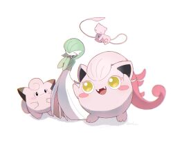 Rule 34 | black eyes, bob cut, clefairy, closed eyes, colored skin, dress, emofuru (vktd5442), fangs, gardevoir, gen 1 pokemon, gen 3 pokemon, green hair, green skin, hair over one eye, highres, legendary pokemon, mew (pokemon), multicolored skin, mythical pokemon, nintendo, pink skin, pokemon, pokemon (creature), scream tail, simple background, two-tone skin, white background, white dress, white skin, yellow eyes