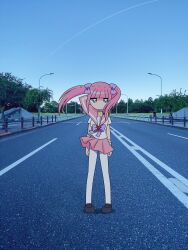1girl bandaged_arm bandages black_eyes black_footwear blue_sky blunt_bangs bow collar expressionless ezaki_bisuko heart hexagram highres jewelry lamppost menhera-chan_(ezaki_bisuko) menhera-chan_(ezaki_bisuko)_(character) necklace pink_hair pink_sailor_collar pink_skirt pleated_skirt purple_bow purple_collar real_life road sailor_collar school_uniform serafuku short_twintails sidelocks skirt sky solo star_of_david thighhighs tree twintails white_serafuku white_thighhighs wind
