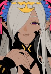 1girl dark-skinned_female dark_skin dr_metagross eyelashes fire_emblem fire_emblem_engage grey_hair hair_over_one_eye half-closed_eyes hashtag-only_commentary long_hair looking_at_viewer nintendo parted_lips pink_eyes pointy_ears smile solo upper_body zephia_(fire_emblem)