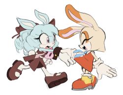 2girls animal_ears anya_the_rabbit blue_fur blue_hair brown_dress brown_shoes closed_eyes cream_the_rabbit dress furry furry_female gloves grey_background highres multiple_girls open_mouth orange_dress orange_shoes original pantyhose pink_eyes qkora01 rabbit_ears rabbit_girl ringlets shoes simple_background sonic_(series) white_gloves white_pantyhose