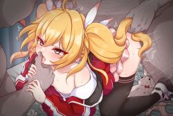 1girl absurdres after_kiss ahoge all_fours black_thighhighs blonde_hair blue_archive blush breasts breasts_out collarbone daram_(shappydude) doggystyle dot_nose drooling fat fat_man grabbing_another&#039;s_hair grabbing_another&#039;s_hand group_sex hair_between_eyes hetero highres jacket kneehighs long_hair md5_mismatch mmf_threesome multiple_boys nipples no_bra pink_skirt pleated_skirt red_jacket sex sex_from_behind sidelocks size_difference skirt small_breasts socks sweat tearing_up textless_version thighhighs threesome tongue tongue_out twintails vaginal yellow_eyes yoshimi_(blue_archive)