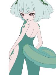1girl 2025 ahoge breasts flat_chest frog_girl frog_tail green_hair indie_virtual_youtuber loli looking_back lunarisweaver rebbi_rompin sitting small_breasts white_background