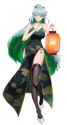 1girl bare_shoulders black_leggings blue_hair breasts chinese_clothes fate/grand_order fate_(series) green_eyes green_hair high_heels high_ponytail highres kaworu13 kukulkan_(fate) lantern large_breasts leggings multicolored_hair open_mouth paper_lantern ponytail solo thighhighs thighs two-tone_hair zettai_ryouiki