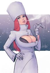 Rule 34 | 1girl, black bra, blue eyes, bra, bra peek, breasts, cigarette holder, cleavage, cleavage cutout, clothing cutout, coat, dated, devilhs, gloves, hands on own hips, hat, highres, large breasts, long coat, long hair, looking to the side, original, red hair, russian clothes, signature, solo, underwear, white coat, white gloves, white hat