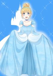 Rule 34 | 1girl, blonde hair, blue dress, blue eyes, breasts, choker, cinderella (disney character), cinderella (disney movie), dress, earrings, elbow gloves, gloves, gown, hair bun, hairband, highres, jewelry, looking at viewer, princess, princess dress, short hair, smile, solo, yuzuca (trickster4594)
