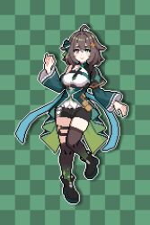 1girl ahoge ankle_boots aqua_ribbon asymmetrical_legwear black_boots black_cape black_shorts black_thighhighs boots bow brown_eyes brown_hair cape checkered_background chest_belt collar commentary_request detached_sleeves dress foot_up full_body gradient_legwear gradient_thighhighs green_background green_bow green_collar green_dress green_eyes green_necktie green_sleeves green_thighhighs hair_bow hair_flaps hair_ornament half_capelet hand_up heterochromia indie_virtual_youtuber medium_hair meica_(vtuber) naviel necktie o-ring o-ring_thigh_strap outline outstretched_arms pixel_art ribbon shirt short_shorts shorts single-shoulder_shirt spanish_commentary standing star_(symbol) star_hair_ornament thigh_strap thighhighs uneven_legwear virtual_youtuber white_outline white_shirt