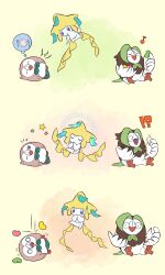 !? absurdres beans black_eyes bright_pupils closed_eyes commentary_request dartrix gen_3_pokemon gen_7_pokemon hands_up highres hungry jirachi legendary_pokemon musical_note mythical_pokemon nintendo no_humans notice_lines o_o one_eye_closed pkpokopoko3 pokemon pokemon_(creature) pokemon_focus rowlet star_(symbol) u_u white_pupils