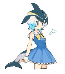 1girl bare_shoulders black_hair blonde_hair blowhole blue_dress blue_eyes blue_hair blush bow bowtie cetacean_tail common_dolphin_(kemono_friends) cowboy_shot dolphin_girl dorsal_fin dress fins fish_tail frilled_dress frills hair_between_eyes head_fins kemono_friends multicolored_hair naka_(buttergirl_02) sailor_collar sailor_dress short_hair sidelocks sleeveless solo tail white_hair wristband yellow_bow yellow_bowtie