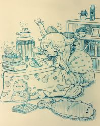 1girl :3 arinu blush bottle chain clam comfy drunk female_focus food gourd highres horn_ornament horn_ribbon horns ibuki_suika newspaper pillow ribbon sake_bottle solo touhou