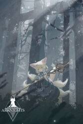1girl absurdres animal_ear_fluff animal_ears arknights black_vest blonde_hair blue_hairband braid braided_hair_rings cape colored_inner_animal_ears commentary dress film_grain forest fox_ears frilled_dress frills green_eyes grey_cape hair_rings hairband highres holding holding_staff kitsune kyuubi light_particles light_rays looking_at_viewer material_growth medium_hair multiple_tails nature oripathy_lesion_(arknights) pantyhose pouch prezonya46 rhodes_island_logo_(arknights) solo staff striped_cape suzuran_(arknights) tail tree vest white_dress white_pantyhose