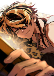 1boy black_hair blonde_hair cellphone hair_over_one_eye hanemiya_kazutora highres holding holding_phone iws_head long_hair looking_at_viewer lying male_focus mole mole_under_eye multicolored_hair neck_tattoo on_side phone pillow solo tank_top tattoo tokyo_revengers twitter_username two-tone_hair upper_body white_background