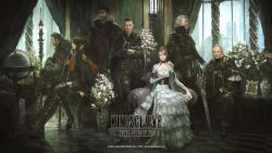 10s 2girls 6+boys beard cape cloak dress everyone facial_hair final_fantasy final_fantasy_xv flower globe highres kingsglaive:_final_fantasy_xv looking_at_viewer lunafreya_nox_fleuret multiple_boys multiple_girls niki_kenji nyx_ulric official_art picture_frame regis_lucis_caelum sitting square_enix titus_drautos vase