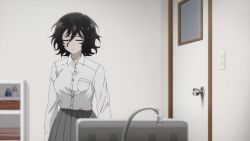 1girl animated anime_screenshot armpits arms_up asai_akira bath bathroom bed bed_sheet black_eyes black_hair bouncing_breasts breasts brushing_teeth camisole cleavage closed_eyes collarbone completely_nude feet glass grey_skirt hair_between_eyes highres large_breasts long_sleeves lying necktie nude on_bed open_mouth orange_shorts panties panty_pull pleated_skirt pulling_own_clothes red_necktie reflection school_uniform shirt short_hair shorts skirt sound teeth thighs toothbrush underwear undressing unworn_necktie unworn_skirt video wet white_panties white_shirt yellow_camisole yofukashi_no_uta