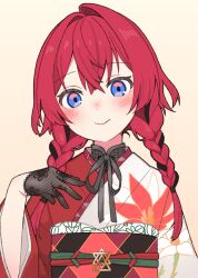 1girl ange_katrina ange_katrina_(new_year) black_gloves black_hair black_sash blue_eyes blush braid closed_mouth commentary_request flat_chest floral_print floral_print_gloves floral_print_kimono gloves hair_intakes hair_over_shoulder half_gloves hand_up head_tilt highres japanese_clothes kimono lace lace_gloves long_sleeves looking_at_viewer low_twin_braids multicolored_hair multicolored_sash nijisanji nose_blush obi obiage obidome obijime orange_sash print_kimono purple_sash red_hair red_kimono sash simple_background smile solo straight-on streaked_hair twin_braids two-tone_hair upper_body virtual_youtuber white_kimono yellow_background yuzuki_(yuduame)
