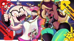 arm_up armpits black_gloves blush breasts character_request commentary fang fangs fingerless_gloves gashi-gashi gloves halftone highres mario_(series) midriff mole nintendo open_mouth oversized_zipper sharp_teeth short_eyebrows splatoon_(series) super_mushroom super_star_(mario) symbol-only_commentary teeth thick_eyebrows zipper
