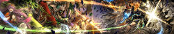Rule 34 | 1girl, absurdres, battle, bruise, chain, dragon, dress, duel masters, fighting, frilled dress, frills, giant, giant monster, gradient background, hair ornament, hair over eyes, highres, injury, kankan33333, long hair, long image, multicolored hair, open mouth, pink hair, purinpurin (duel masters), purple hair, teeth, teeth print, tentacle hair, upper teeth only, very long hair, wide image